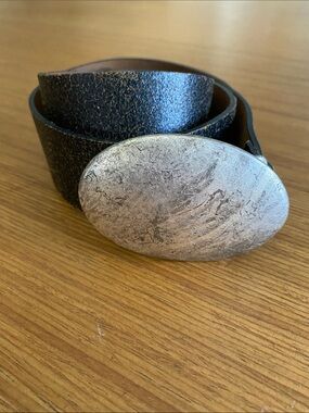 Black Distressed Leather Belt with Brushed Silver Oval Buckle